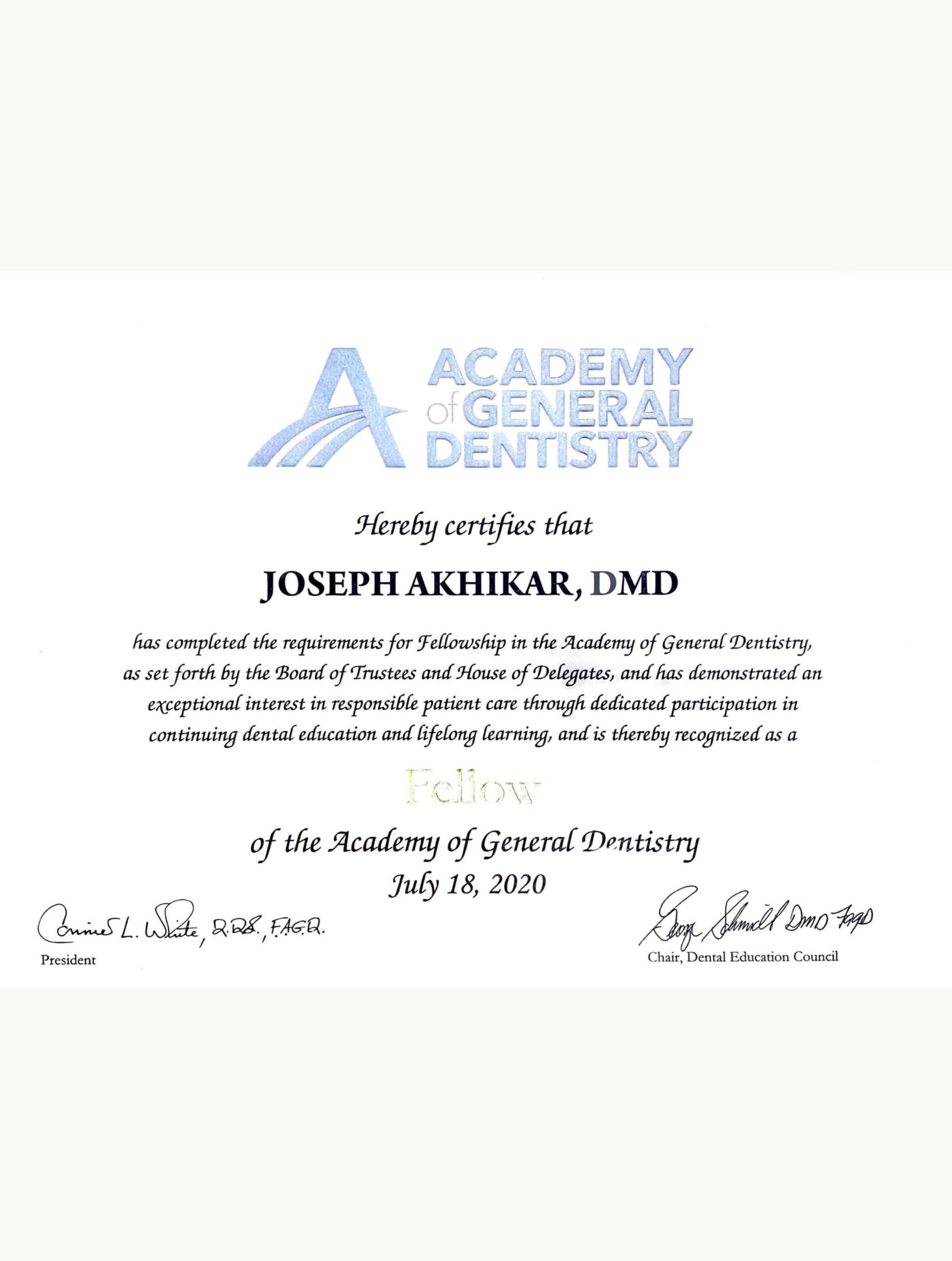 Emergency dentist Glenview IL- Certificate